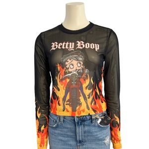 Betty Boop Sheer Mesh Motorcycle Flames Long Sleeve Top‎ Womens Medium NWT